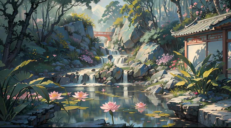 ((Best quality, masterpiece: 1.2)), CG, 8K, intricate details, cinematic perspective, (no one around), (Ancient Chinese garden), pond filled with lotus flowers, rocks, flowers, bamboo forests, waterfalls, wooded areas, small bridges spanning babbling strea...
