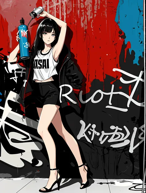 1girl in、独奏、A dark-haired、verd s eyes、armpit length hair、tshirts、Open jacket、JINS、graffiti sprayed wall、Full body portrait、Lunette de soleil、high-heels、((graffiti art))、Red wall background、Insane details、intricate detailes、Ultra Detail、Low contrast、Soft Ci...