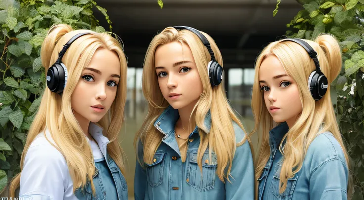 blond-haired triplets,fones de ouvido com ice frost em segundo plano,