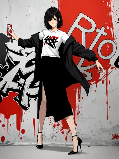 1girl in、独奏、A dark-haired、verd s eyes、armpit length hair、tshirts、Open jacket、JINS、graffiti sprayed wall、Full body portrait、Lunette de soleil、high-heels、((graffiti art))、Red wall background、Insane details、intricate detailes、Ultra Detail、Low contrast、Soft Ci...