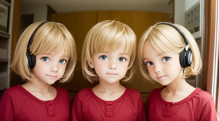 blond-haired triplets,fones de ouvido, fire em segundo plano,