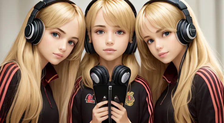 Blond-haired triplets,fones de ouvido, laranjas em segundo plano,