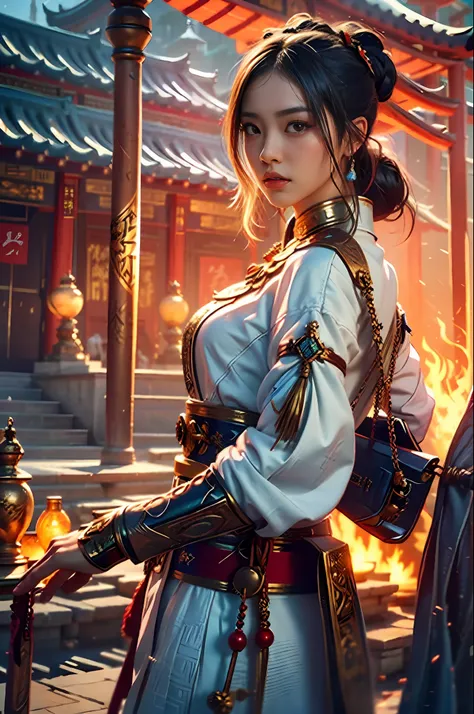 best qualtiy, tmasterpiece, 超高分辨率, (realisticlying:1.4), arma, Detal Face, 1girll, 独奏, arma, (Magical Circle:1.2), xiuxian, The upper part of the body, a beauty girl, full bodyesbian, east asian architecture, jacket, buliding, bead necklace, smug, film gra...