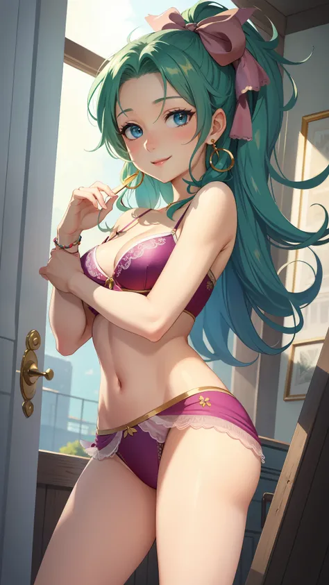 ​masterpiece, top-quality, Tina Branford, Green hair, in ones underwear only,  Green Lingerie Earrings,  Hair ribbons, looking at the viewers, Mouth closed, a smile,