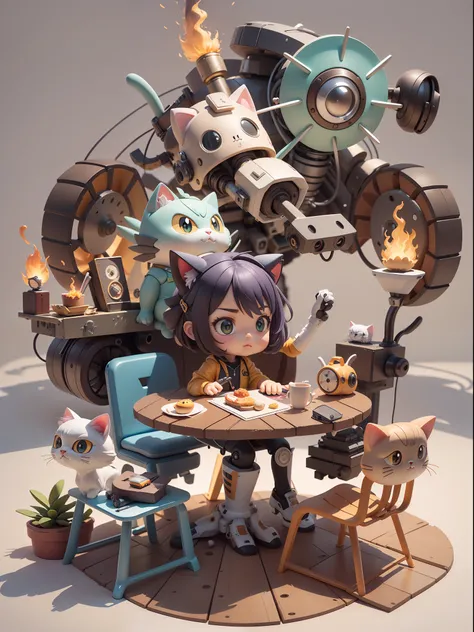 (Machinary,cat:1.331),(Mechanical cat tail),(White background),(Sit in a chair and eat breakfast at the table),Cute style,Little,big headed,(Hot Wheels:1.331),a 3D render,((Q version)),Pokémon style,Machine style,Cinematic texture,Figures,Pokémon,电影灯光,Heav...