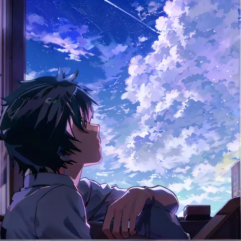 Anime boy looking at the sky outside the window,A plane flew overhead, watching the sunset. Anime, Anime Sky, gazing off into the horizon, Looking at the sky, Makoto Shinkai!, Makoto Shinkai!!, Looking Up The Sky, Anime Cloud, anime wallaper, 4K anime wall...