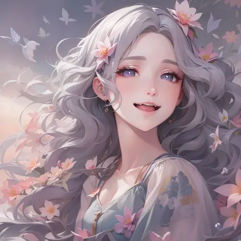 high-definition picture quality,Illustration style,The upper part of the body,one-girl,Purple pupils sparkle like gems,Coral pink little floral dress,Flowing gray hair,Smiling,Have by the sea。