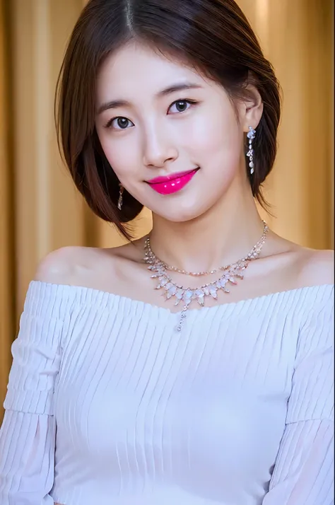 8K, Best quality, Masterpiece, Realistic, Super detail, f/1.2, 85mm, Nikon, Smiling woman with shiny hair, Natural makeup, white off-shoulder tops,Ruffled sleeves, Diamond pendant necklace
