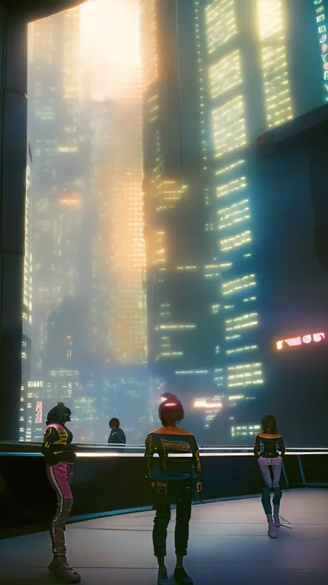 (Cyberpunk elements,Dense buildings:1.2,A large number of NPCs:1.2)+(Beautiful countryside,Morning mist,Detailed depiction),(High-rise buildings,Ambilight,Bright light environment,night city on the background),(Multitasking interaction surveys，Distinctive ...