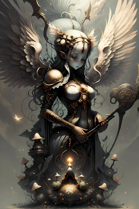 creature00d, toadstools, illustration, abstract illusionism,angel wings、beautiful woman、huge scythe