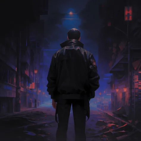Um homem, wearing a black jacket with zipper closed, sentado em um muro de concreto na rua central de uma cidade grande, Its a very dark night, but it has pole lighting