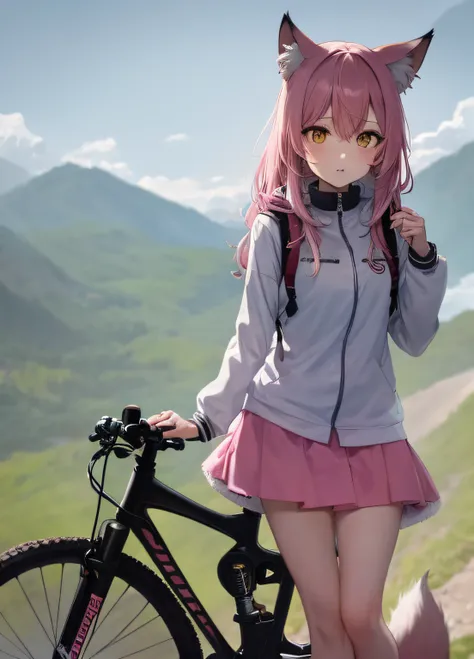 Nasona Hita, 1girll, do lado de fora, 独奏, Pink hair, bodyfur, fox ear, fox tails, A high resolution, Wear clothes, hairy pubic, tack sharp focus, Superskirt, Colorful, The upper part of the body,Mountain biking,Mountain tops,