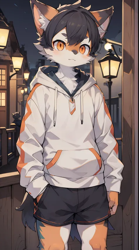 shota,furry,cute,lovely,navy blue fur,white ears,orange eyes,hoodie,gray shorts,cold lamps,night,fantastic shadow light