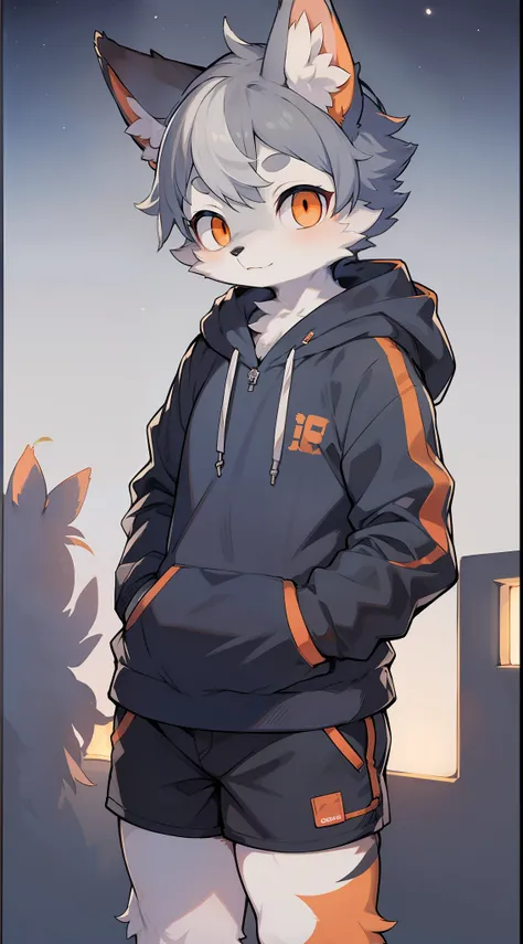 shota,furry,cute,lovely,navy blue fur,white ears,orange eyes,hoodie,gray shorts,cold lamps,night,fantastic shadow light