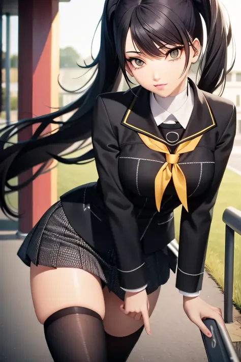 whaite hair，schoolgirls，anime black hair，pupils，school ground，blackstockings,black eyes