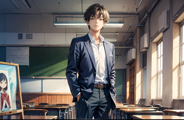 miyazaki's painting style，of a guy，in blouse wearing，stand in front of classrooms and podiums，bust