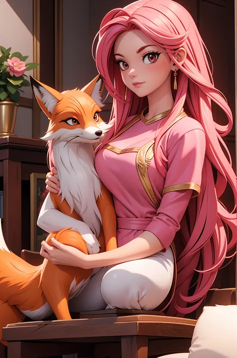 Fox, pink hair, antique,1gril,1fox