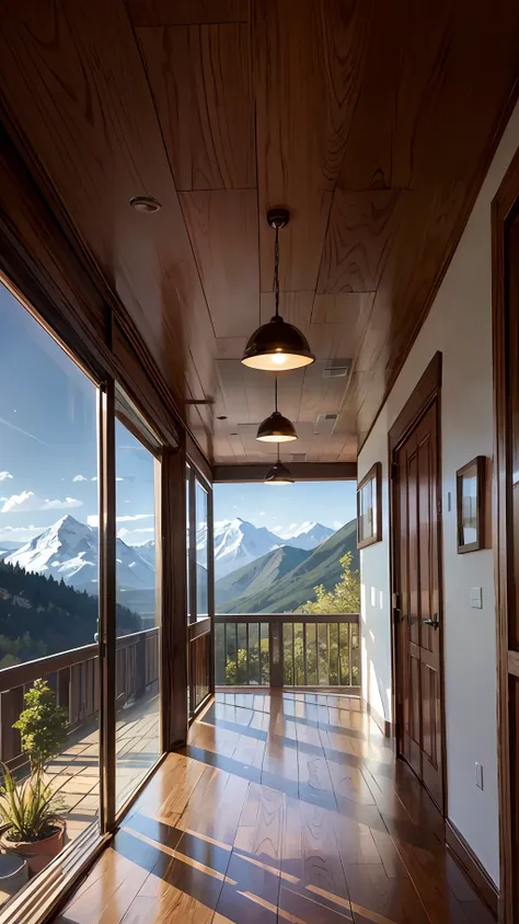 huge floor-to-ceiling windows with mountains outside，the shadow of the mountain passes through the diffuse reflection of the woo...