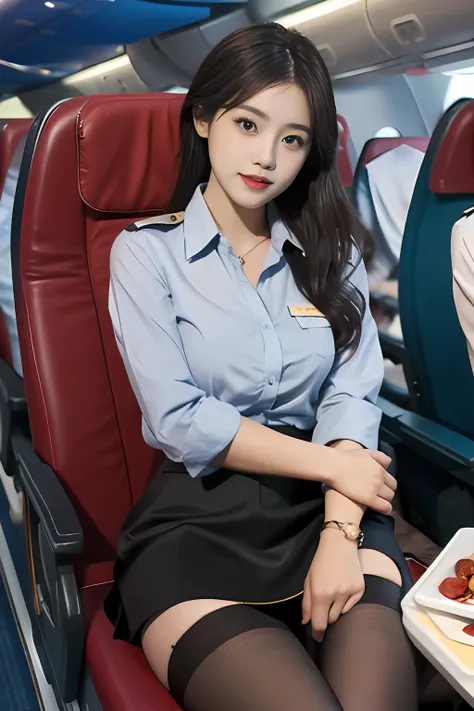 (best quality: 1.1), (realistic: 1.1), (photography: 1.1), (highly details: 1.1), (1womanl), airline stewardess，short skirt，blac...