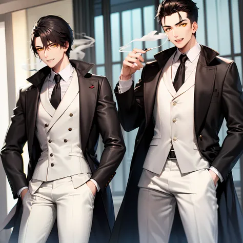 mafia boy with white suit,yellow eyes.
smoke,cool smile,best quality