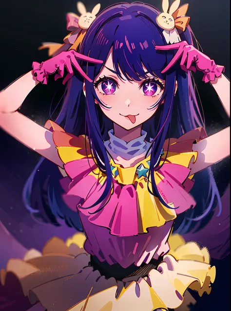 1girl, full body, cowboy shot,
(Rembrandt), illustration, (masterpiece), (best quality), (ultra_detailed), finely detail, (Depth of field),
HshinoAi,gloves, tongue out, tongue, long hair, star (symbol), looking at viewer, (purple hair:1.2), purple eyes, up...