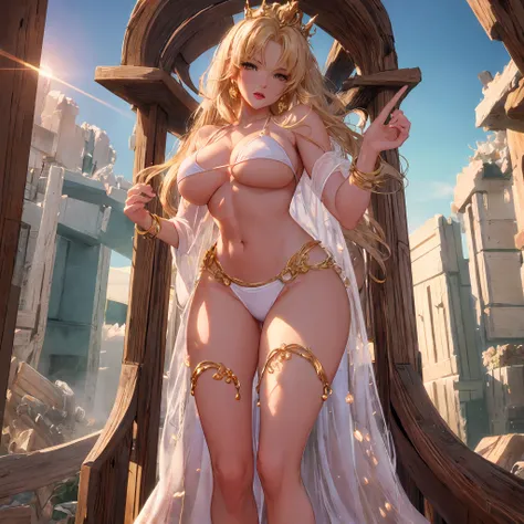 Arad woman in white bikini and gold crown standing in the tunnel,cinematic goddess body shot,Goddess of Light,the sailor galaxia。big breasts beautiful,Heavenly Goddess,a beautiful fantasy empress,Golden Goddess,as the goddess of the sun,goddess of the sun,...