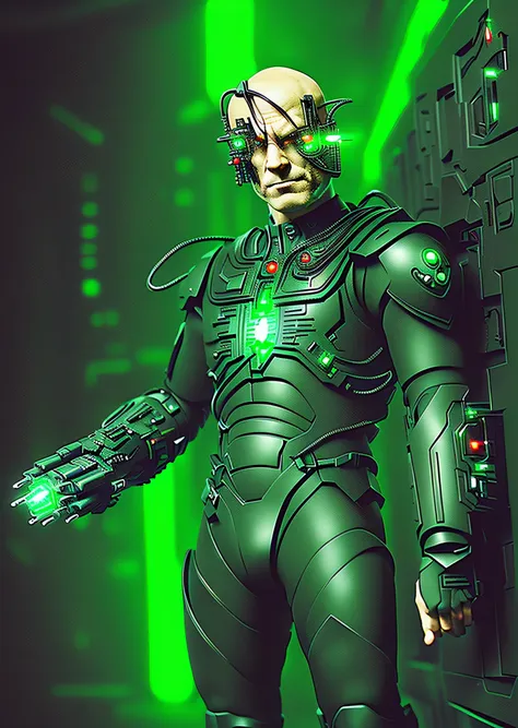 a borg man standing against a sc-fi wall, weapon in one hand, glowing wall with green circuitry, close-up, upper body