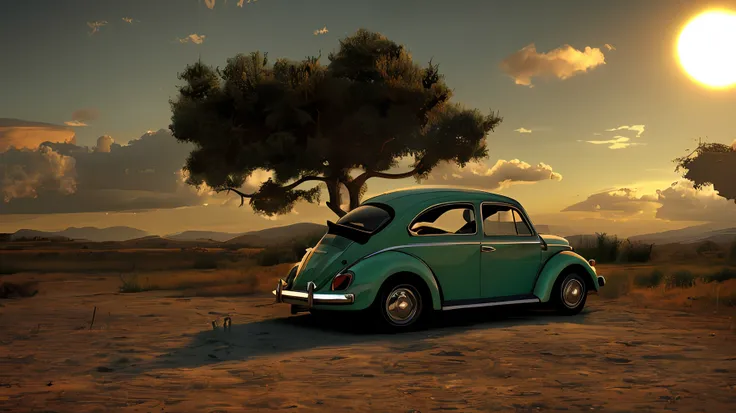 dark analog photo of a red volkswagen beetle, ((vue de trois quarts)), (coucher de soleil sombre), conduire sur un chemin de ter...