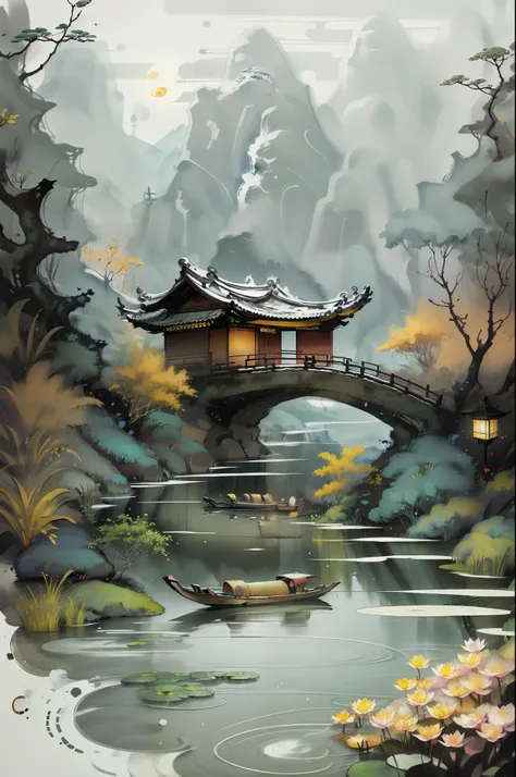 masterpiece,best quality,chinese martial arts style,an asian night scene with lanterns and water lilies,asian pond with many lan...