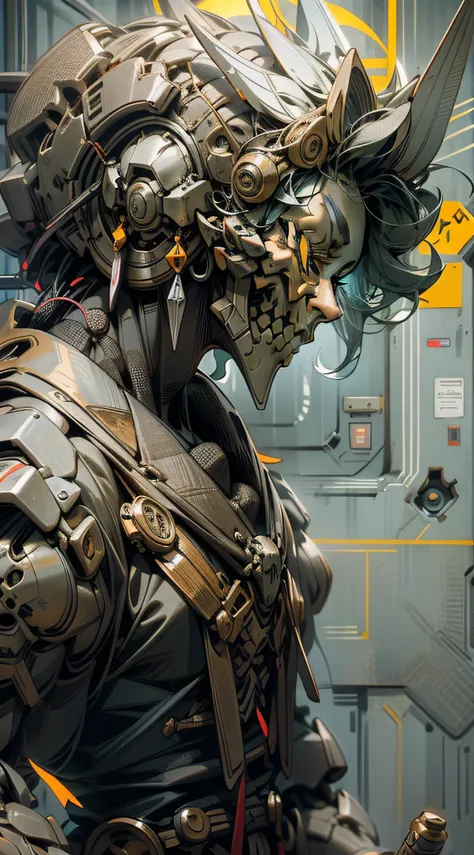 (Masterpiece) A close up of a person with a skull for a head in antique armor, pedestrian warrior, weapon in hand, cyberpunk style color scheme, ((intricate details, super detailed)) 8K.