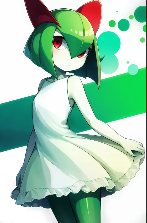 masterpiece, best_quality, 1girl, solo, kirlia, green hair, red eyes, white dress, green skin, short hair,