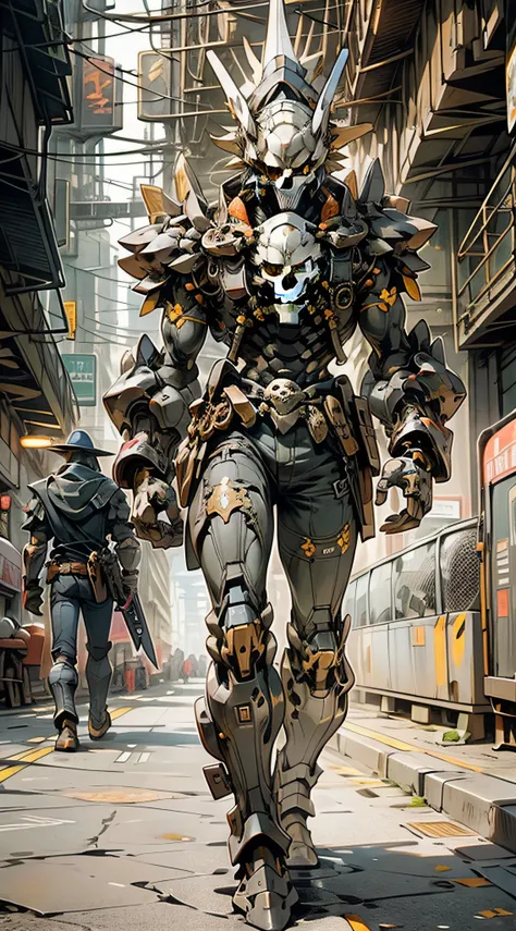 (Masterpiece) A close up of a person with a skull for a head in antique armor, pedestrian warrior, weapon in hand, cyberpunk style color scheme, ((intricate details, super detailed)) 8K.
