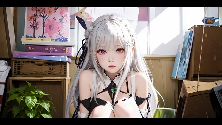 anime girl with long white hair and a black top, neko, senko-san, by Ei-Q, pixiv 3dcg, けもの, official artwork, anime style. 8k, 2b, 2 b, pixiv, white haired deity, artwork in the style of guweiz, from girls frontline, (neotokyo)