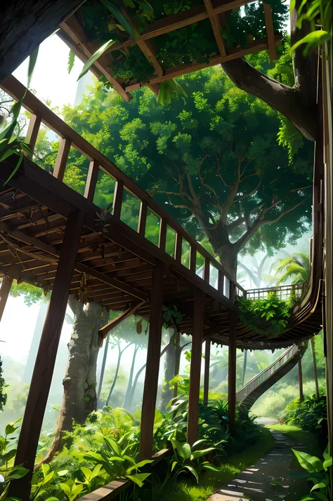 A stunning image of a breathtaking tropical jungle filled with majestic, majestic trees. The lush foliage adds depth and scale to the scene, while the dense, dense jungle floor adds a sense of height. The sun sets behind the majestic canopy, giving the sce...