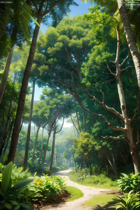 A stunning image of a breathtaking tropical jungle filled with majestic, majestic trees. The lush foliage adds depth and scale to the scene, while the dense, dense jungle floor adds a sense of height. The sun sets behind the majestic canopy, giving the sce...