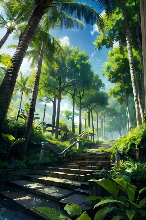 A stunning image of a breathtaking tropical jungle filled with majestic, majestic trees. The lush foliage adds depth and scale to the scene, while the dense, dense jungle floor adds a sense of height. The sun sets behind the majestic canopy, giving the sce...