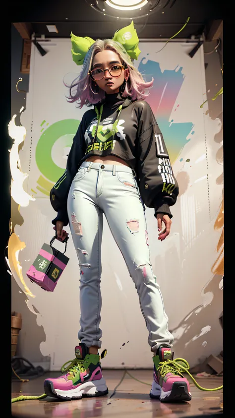 ((Melhor qualidade)), ((obra-prima)), (altamente detalhado:1.3), 3D, shes a young woman, of Asian origin, with an avant-garde fashion vision, ela usa um casaco oversized rosa com um design arrojado, white printed pants and gold platform boots, His white-fr...