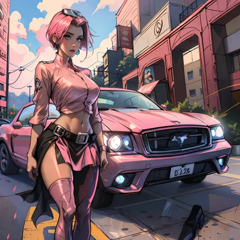 Sexy outfit women standing next to a car, wearing a sexy outfit, a pink dieselpunk policewoman, dressed in hot outfit, pink shiny short skirt, short clothes, outfit: cop, pink skinny costume, car, mustang, sexiest skirt with a belt, skintight shiny clothes...