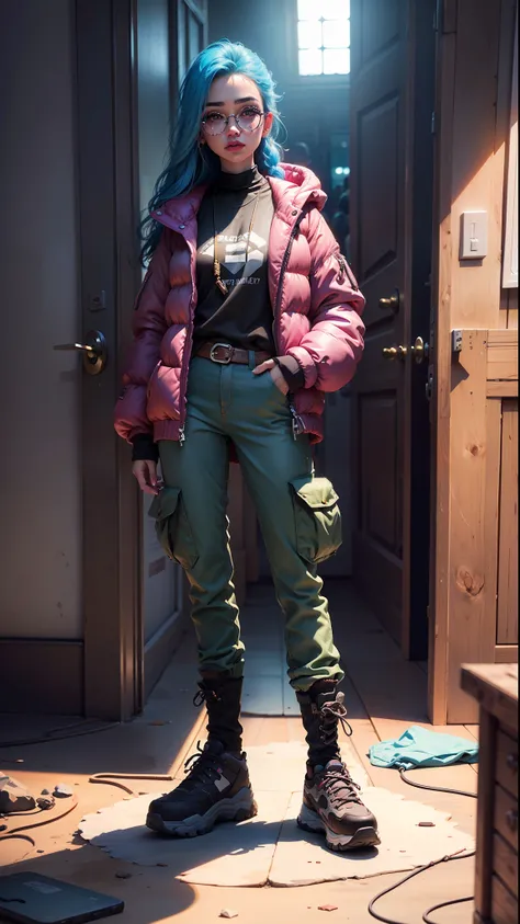 ((melhor qualidade)), ((obra-prima)), (altamente detalhado:1.3), ....3d, estilo arcano, cabelo azul longo, wears a sturdy and practical coat, cargo pants and thick boots. her clothes are pink, His rose-colored glasses complete the adventurous look, personi...