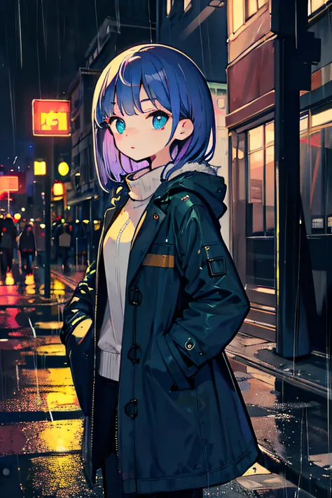 1 girl, night city, rain, coat, hands in pockets