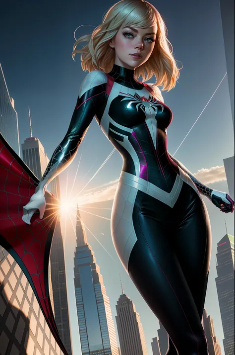 emma stone, beauty, spider gwen clothes, spider-woman (gwen stacy) full body photo, prominent figure, standing on the edge of a ...