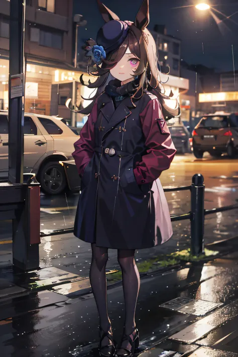 1 girl, night city, rain, coat, hands in pockets