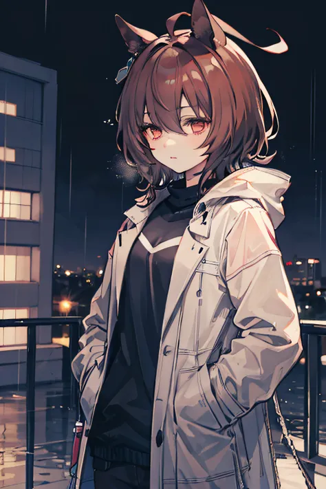 1 girl, night city, rain, coat, hands in pockets