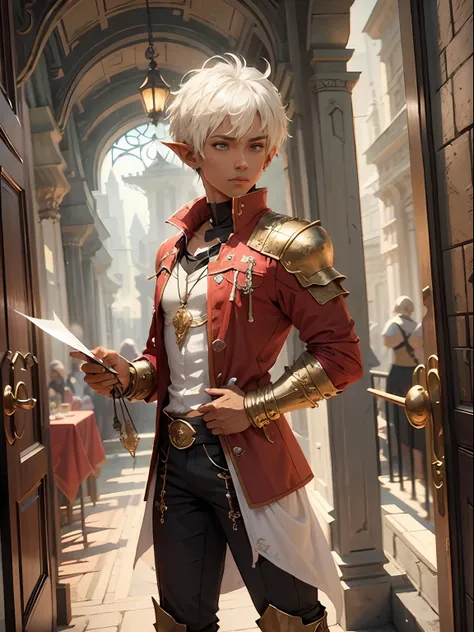 white short hair, male elf, femboy, dark skin, adventurer, fantasy outfit, fantasy setting, red jacket, femboi