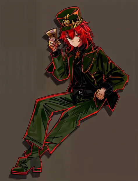One with a top hat,Draw a man sitting down in the costume of a train conductor, Red and black clothes scheme,Bunny ears boy, black color hair,adolable,Holding the ticket in his right hand,Golden ticket,Simple lines of art, bold lineart, 2 d anime style, li...