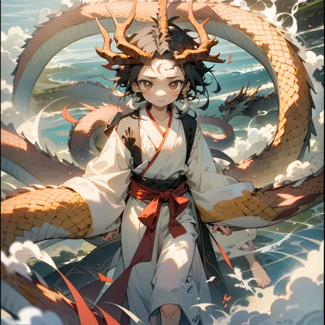Eight-year-old boy,Dragon horns grow on the forehead,Amber pupils,Dressed in gorgeous Hanfu,Human face,long whitr hair,Barefoot,Put your hands in your sleeves,Walk on the sea