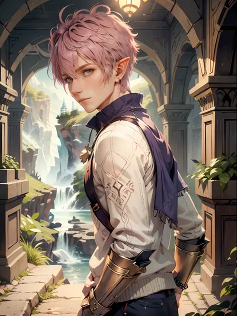 pink hair, short hair, purple outfit, male elf, fantasy, fantasy setting, solo, elf face, cozy sweater