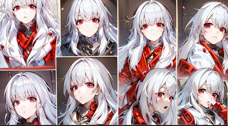 one-girl，white color hair，red eyes，bare legged，long whitr hair，red coat,red gloves