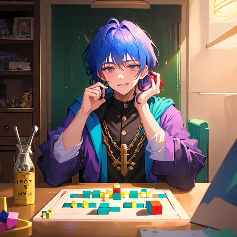 a 8k anime young boy (20 years old) handsome wizard, he is assembling a rubik's cube. her hair is a purple chanel cut, the boy i...