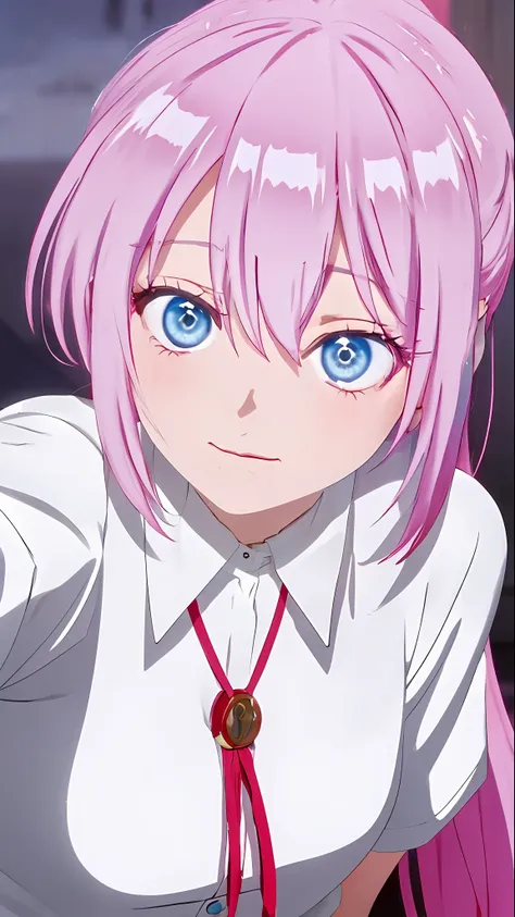 anime girl with pink hair and blue eyes in a white shirt, anime visual of a cute girl, today's featured anime still, anime visua...